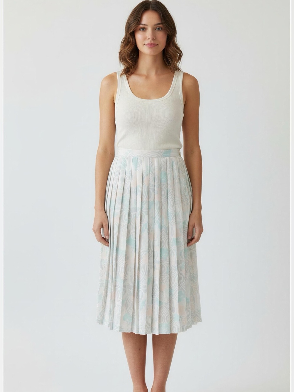 Personal Pastel Pleated Midi Skirt in Mint, Pink & Ivory